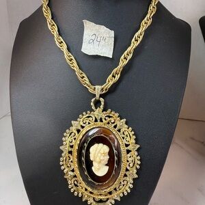 Whiting Davis Gold Chain and Cameo Pendant Necklace